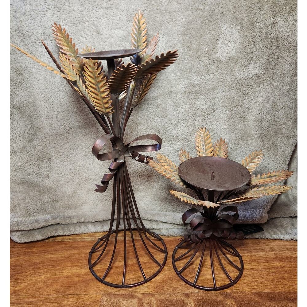 Set of 2 Russ Berrie Vtg. Wheat Candle Pedestal & holder w/ Bow Rustic Primitive